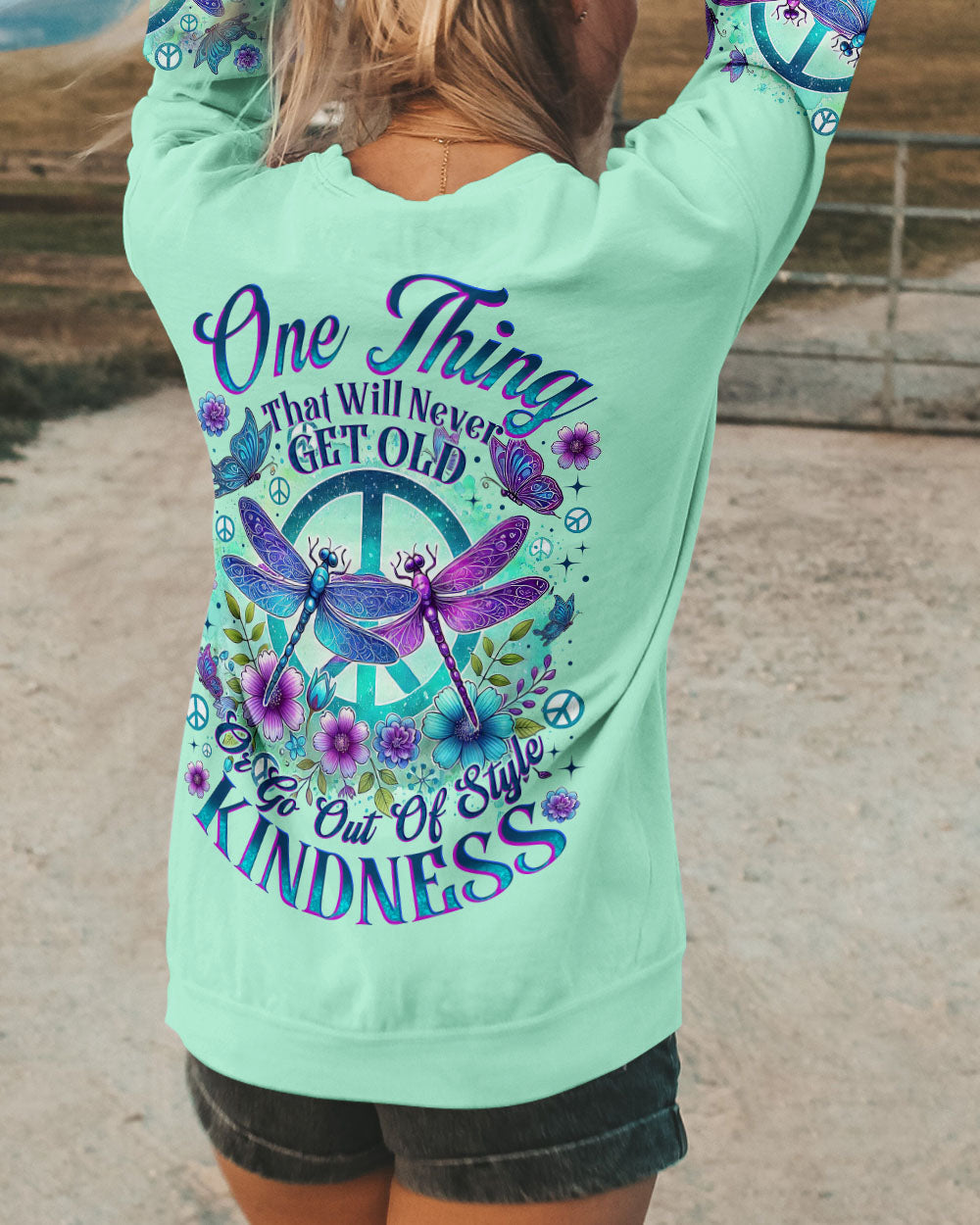 Never Get Old or Go Out of Style Kindness Dragonfly and Peace Sign Graphic AOP Shirts _9_ LNYdB