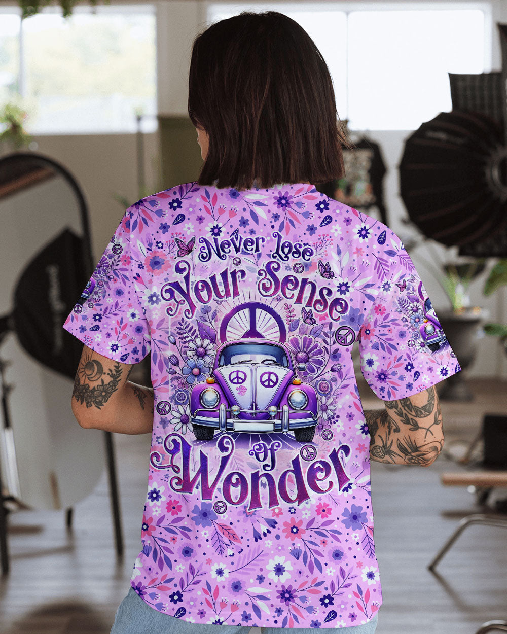 Never Lose Your Sense of Wonder Purple VW Hippie Car AOP Shirts _1_ 1iz5T