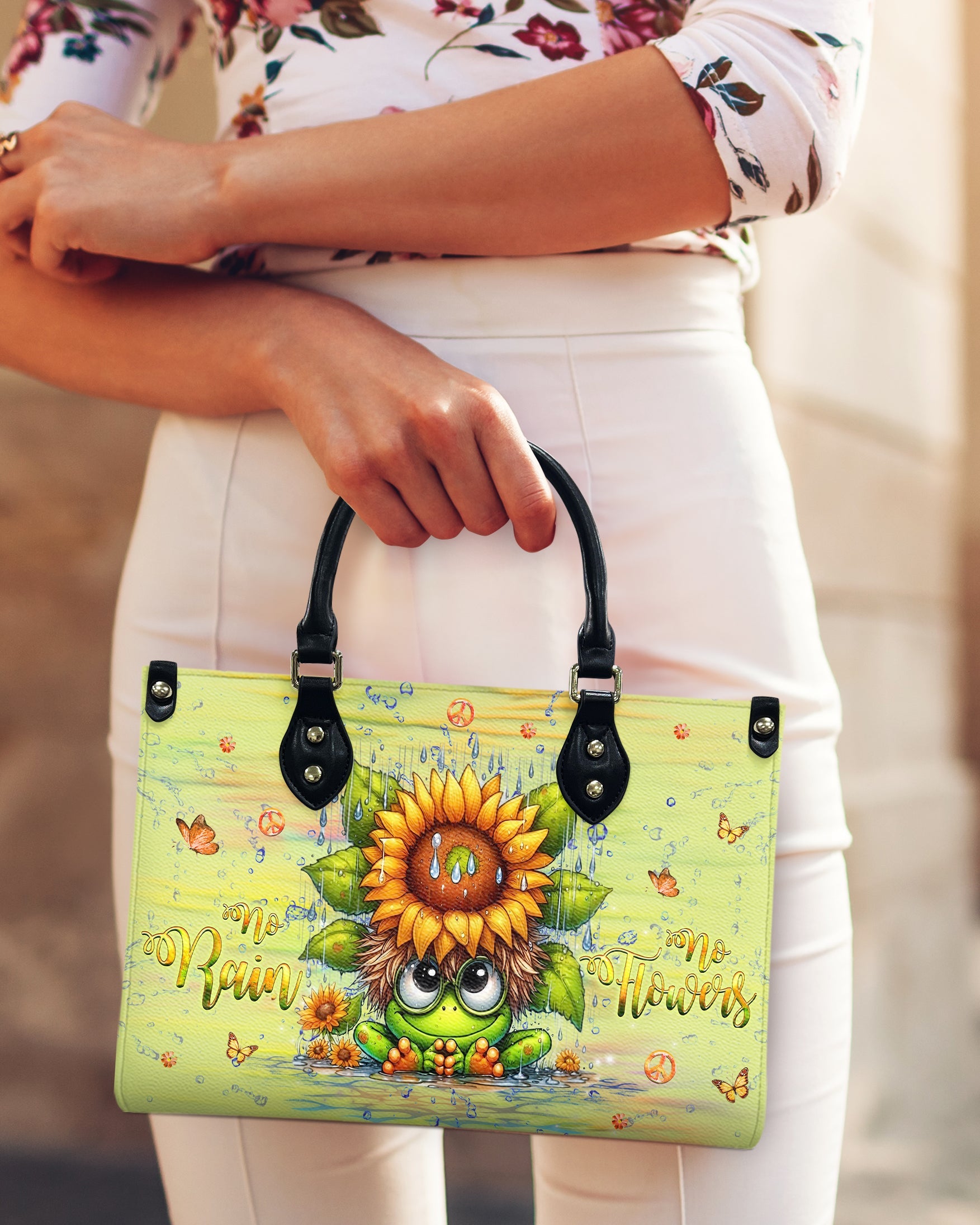 No Rain No Flowers Cute Frog with Sunflower Hippie Leather Bag Gift for Women _11_ BewML