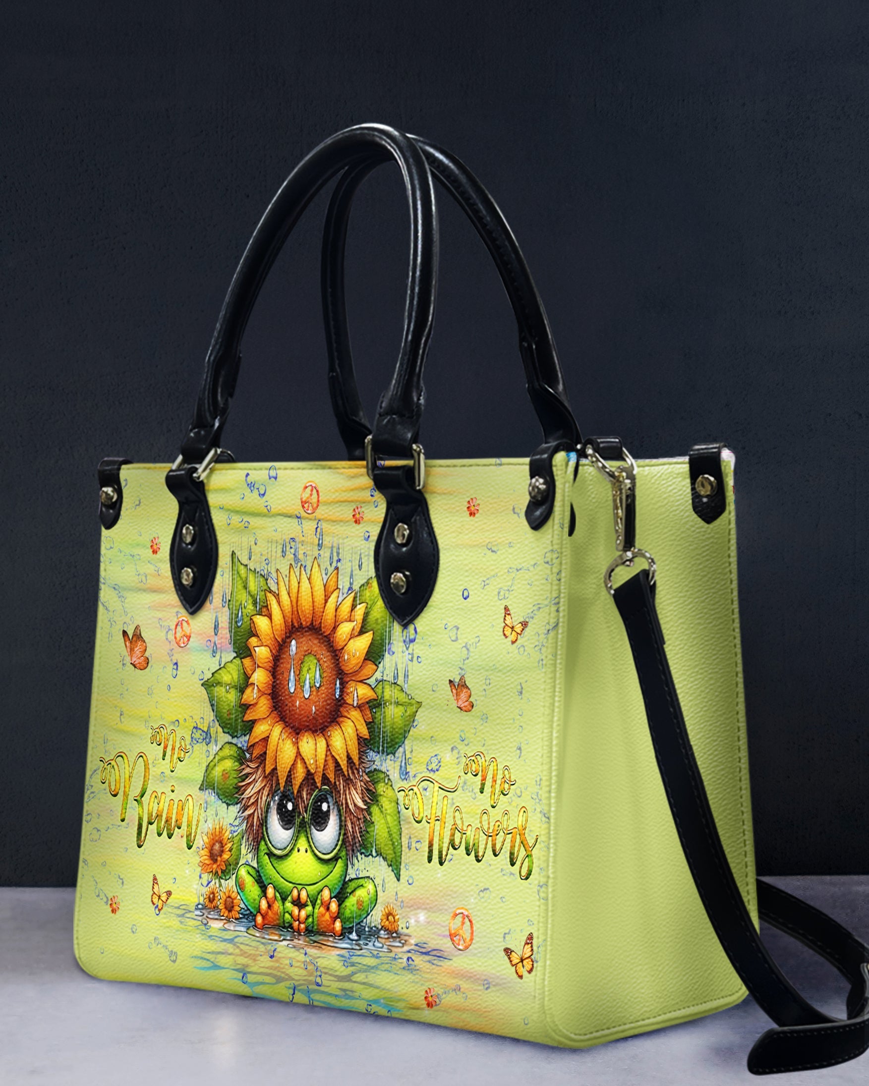 No Rain No Flowers Cute Frog with Sunflower Hippie Leather Bag Gift for Women _12_ x8y5M
