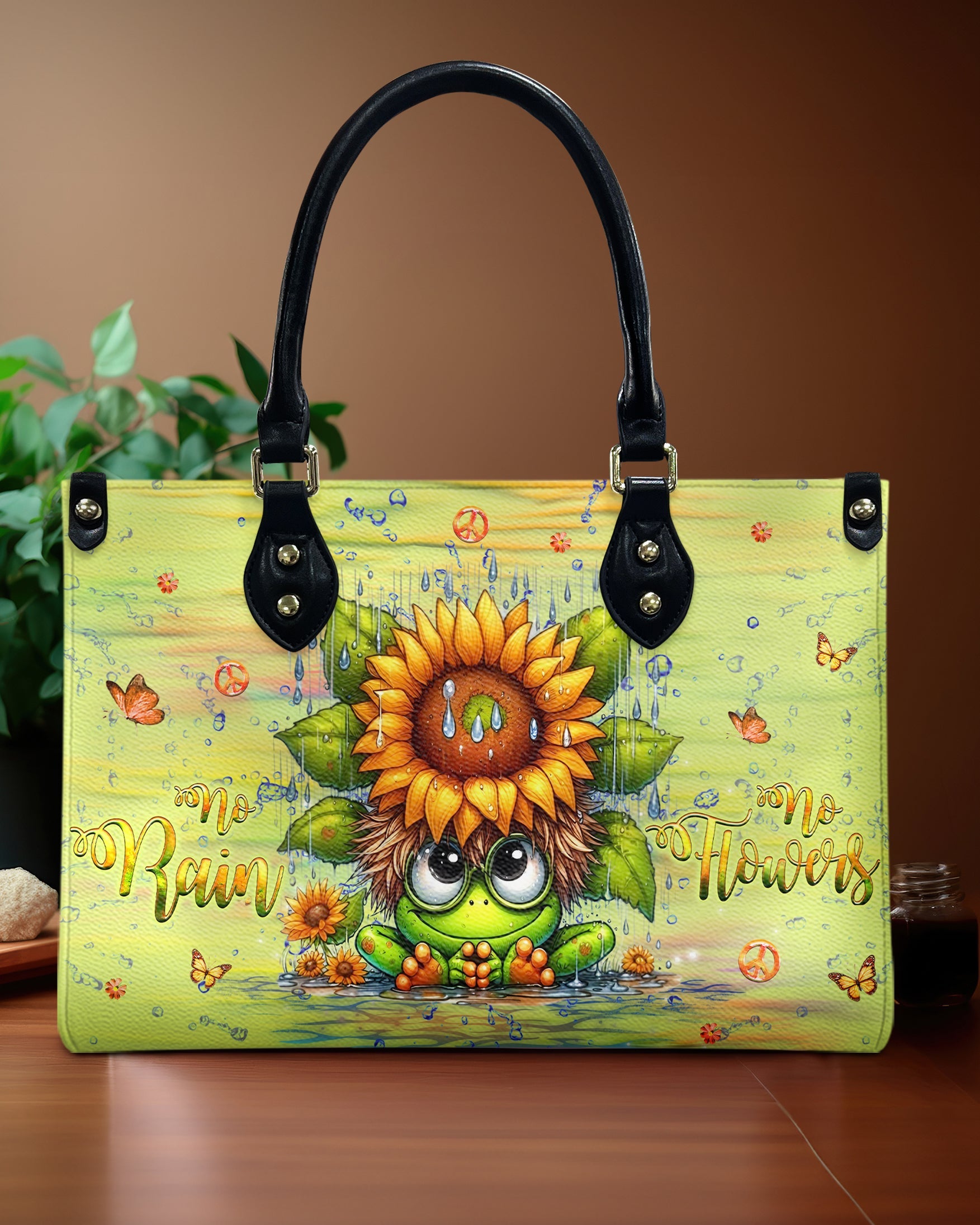 No Rain No Flowers Cute Frog with Sunflower Hippie Leather Bag Gift for Women _13_ R6qii