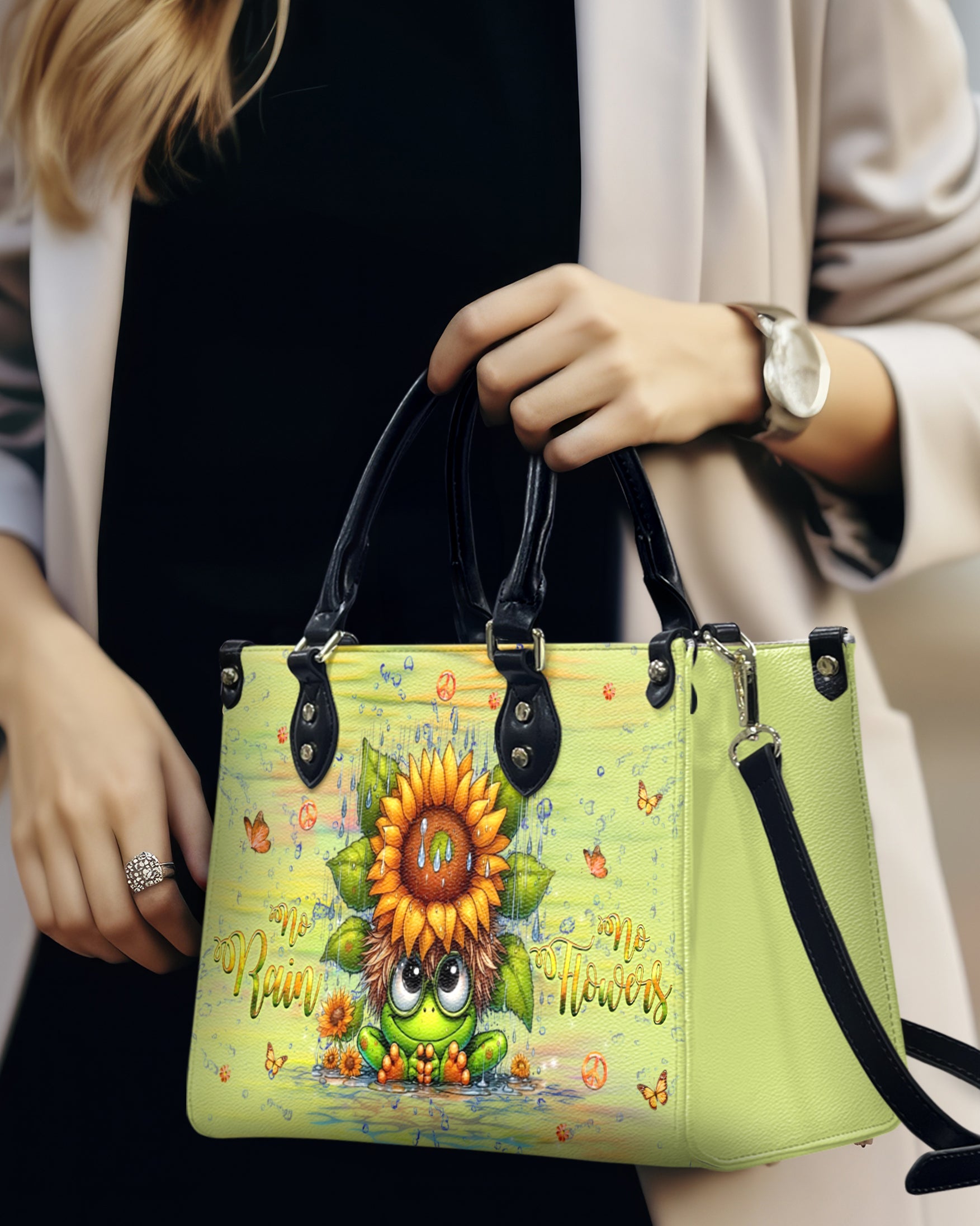 No Rain No Flowers Cute Frog with Sunflower Hippie Leather Bag Gift for Women _14_ pI4fm
