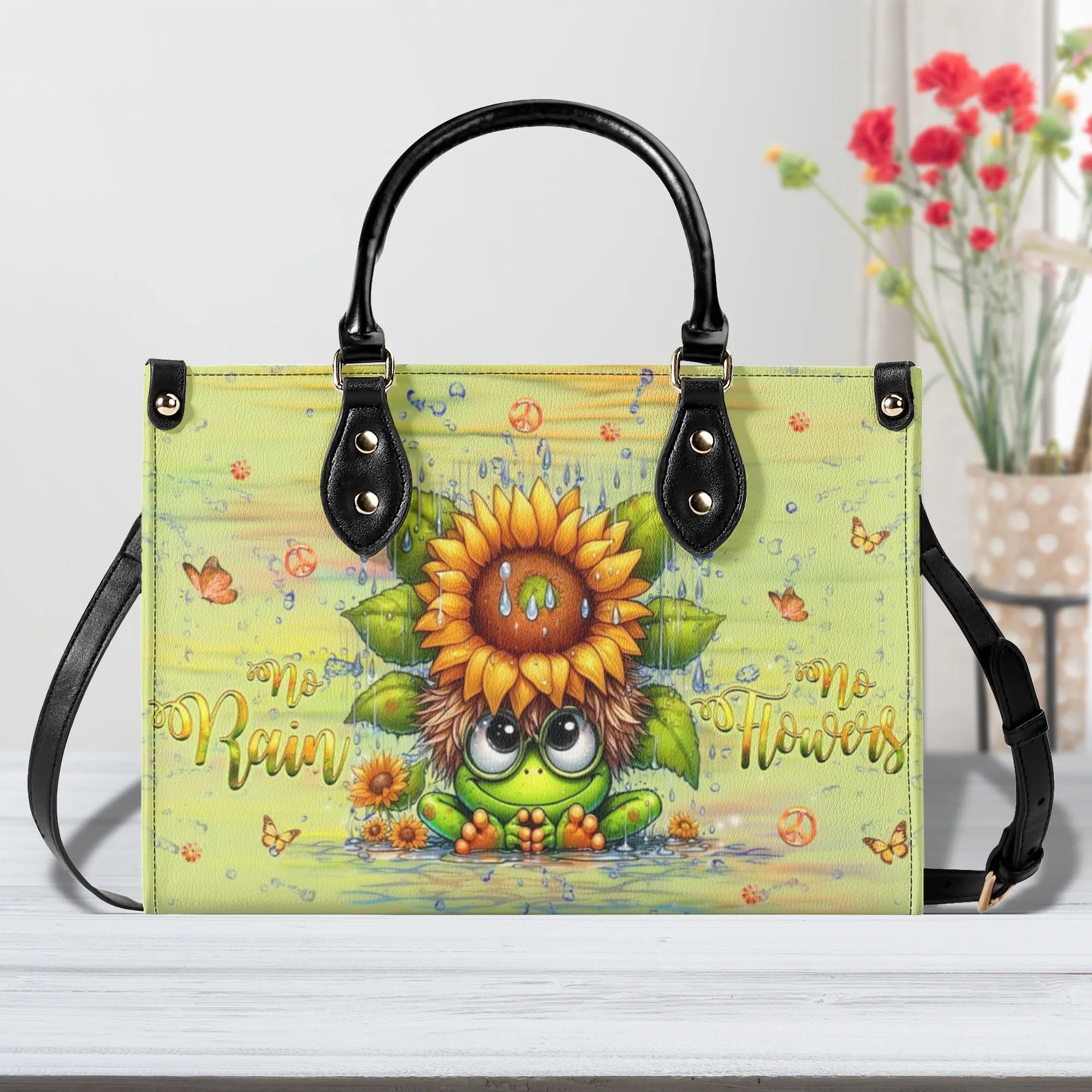 No Rain No Flowers Cute Frog with Sunflower Hippie Leather Bag Gift for Women _1_ P7y6L