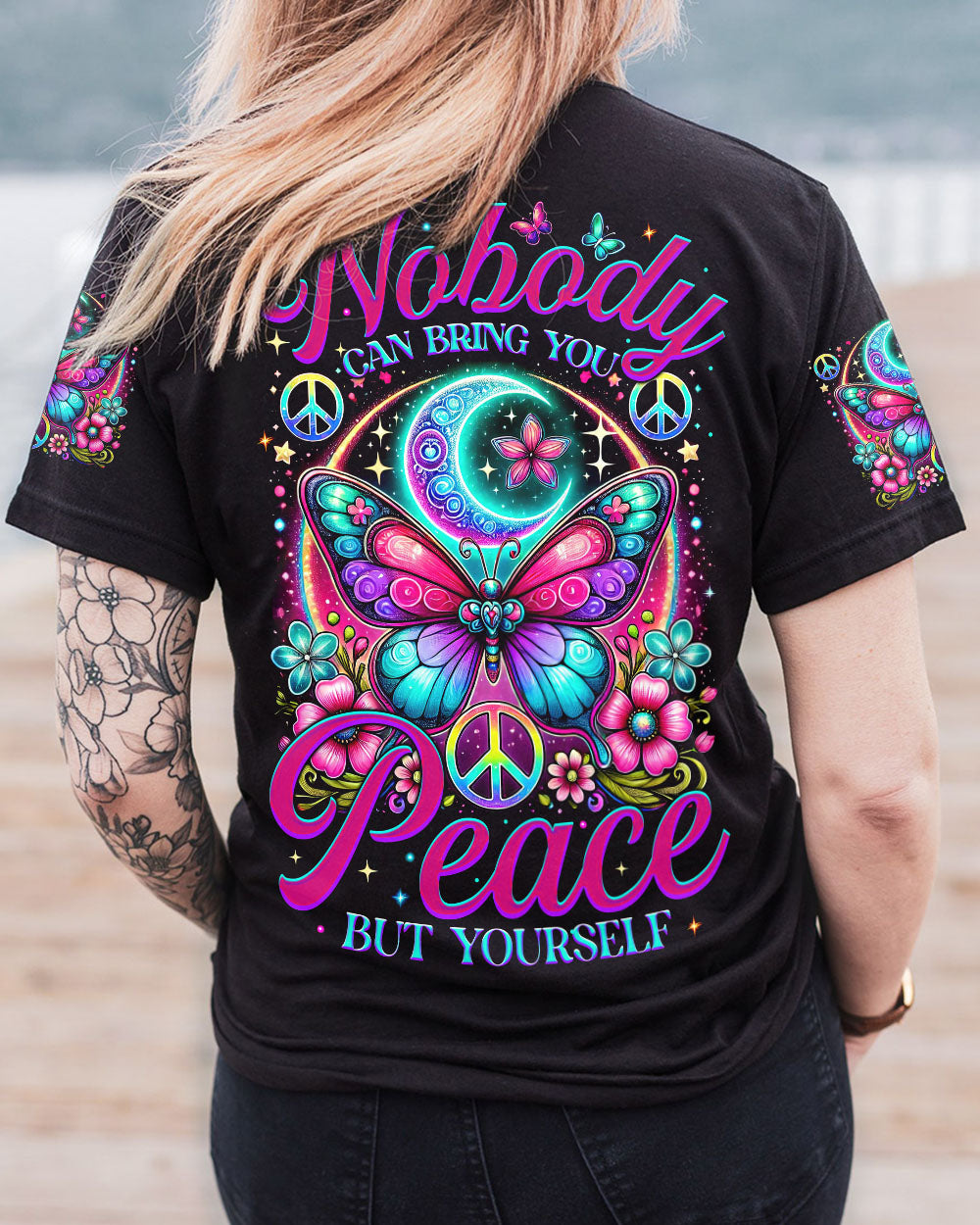 Nobody Can Bring You Peace But Yourself Colorful Butterfly and Moon AOP Shirts _12_ gMhzU
