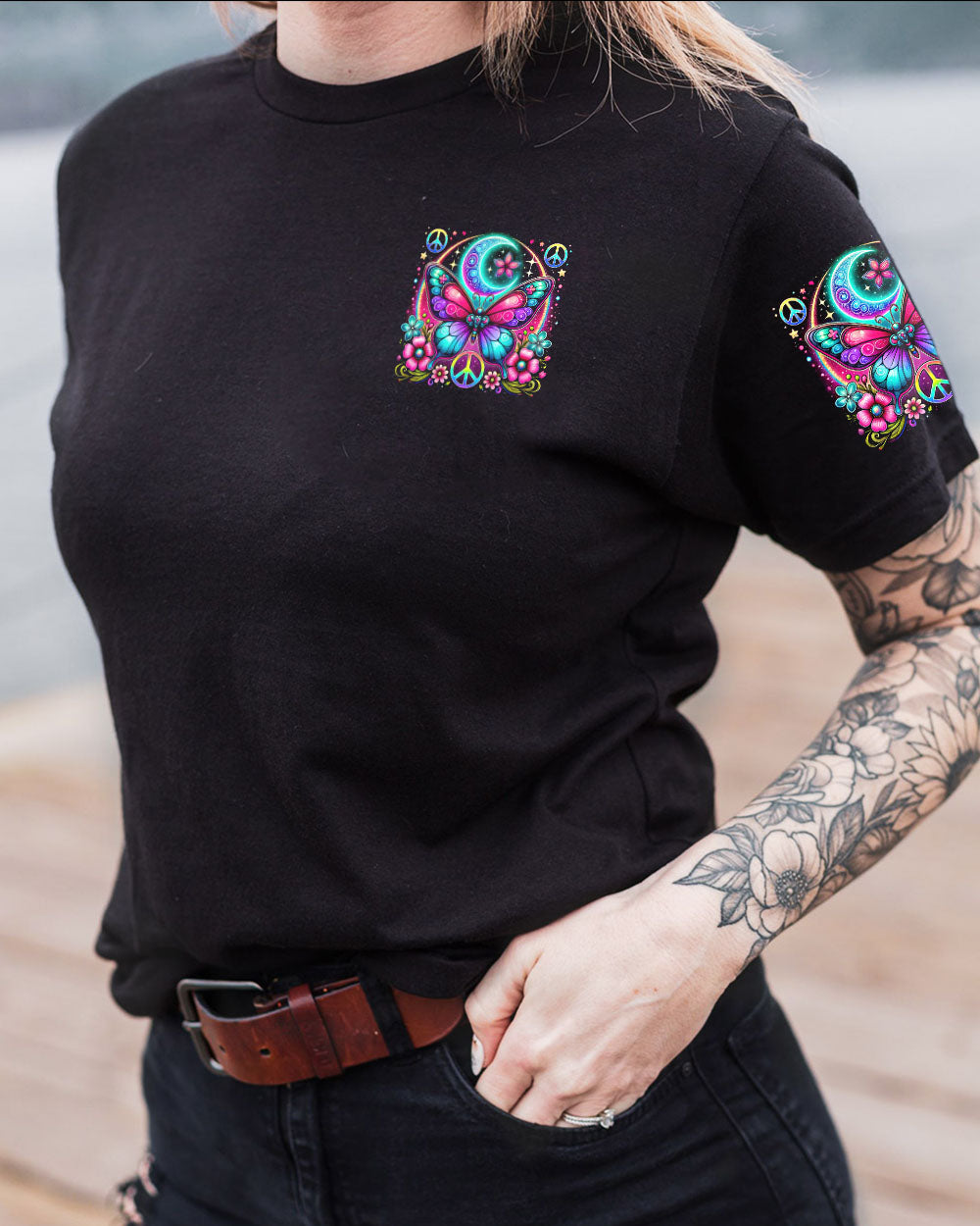 Nobody Can Bring You Peace But Yourself Colorful Butterfly and Moon AOP Shirts _13_ xTskG