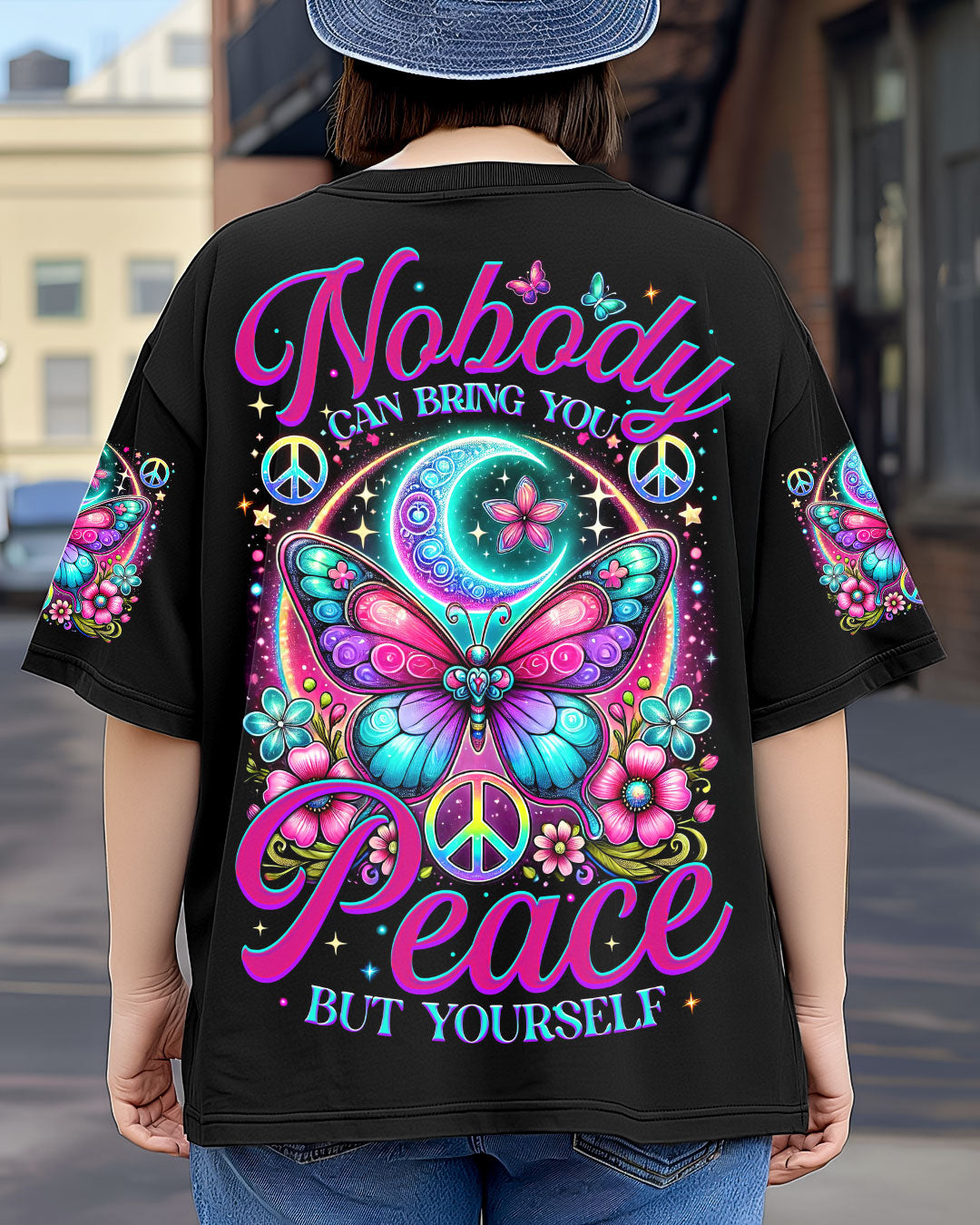 Nobody Can Bring You Peace But Yourself Colorful Butterfly and Moon AOP Shirts _1_ XPPZW