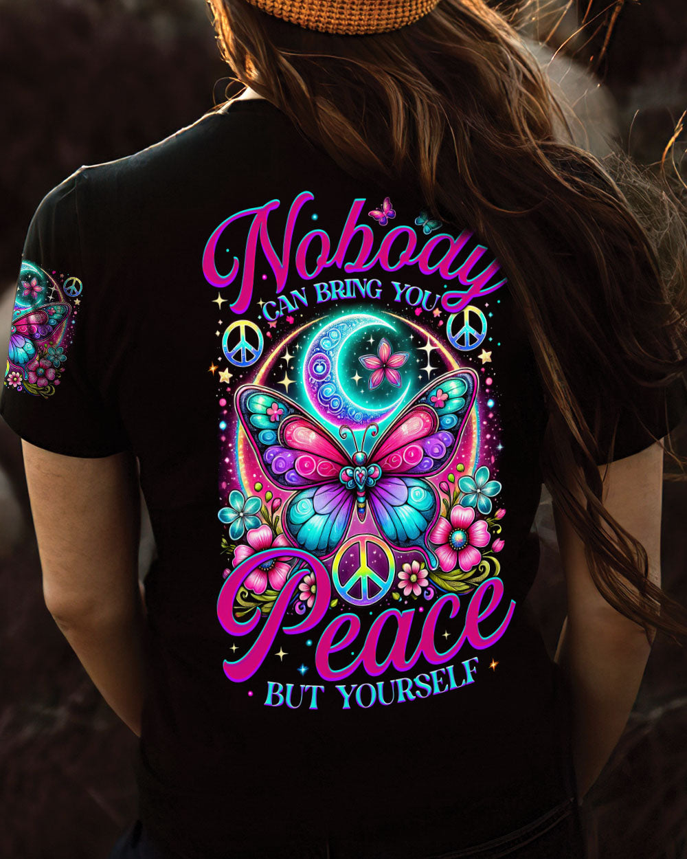 Nobody Can Bring You Peace But Yourself Colorful Butterfly and Moon AOP Shirts _3_ rRnkV