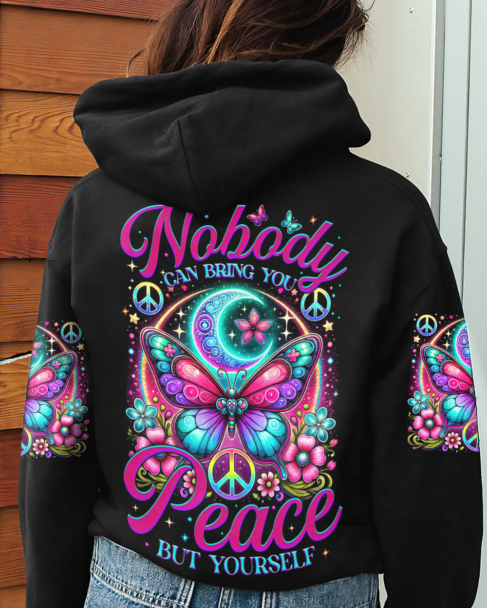Nobody Can Bring You Peace But Yourself Colorful Butterfly and Moon AOP Shirts _5_ T4GJD