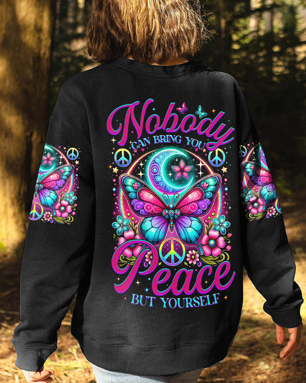 Nobody Can Bring You Peace But Yourself Colorful Butterfly and Moon AOP Shirts _7_ Lg20O