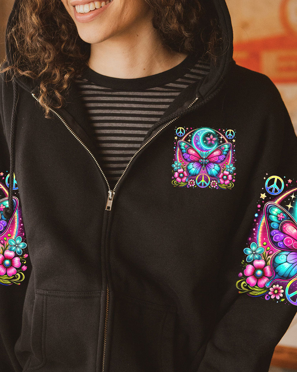 Nobody Can Bring You Peace But Yourself Colorful Butterfly and Moon AOP Shirts _8_ 3WeIH