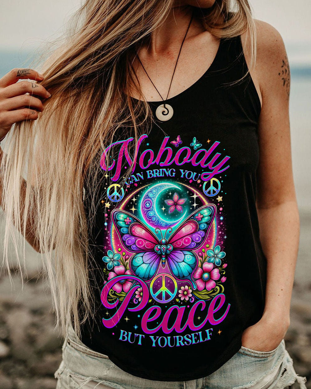 Nobody Can Bring You Peace But Yourself Colorful Butterfly and Moon AOP Shirts _9_ P17Ov
