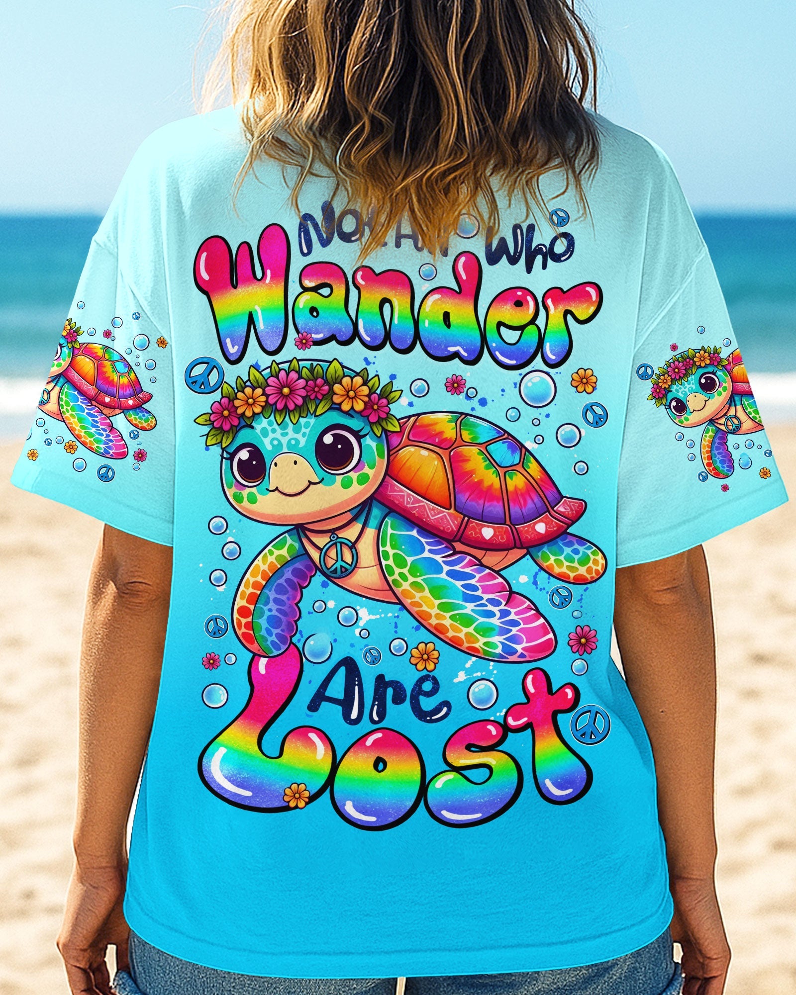 Not All Who Wander Are Lost Cute Turtle Rainbow _26 Peace Sign Hippie Design AOP Shirts _1_ q0osk
