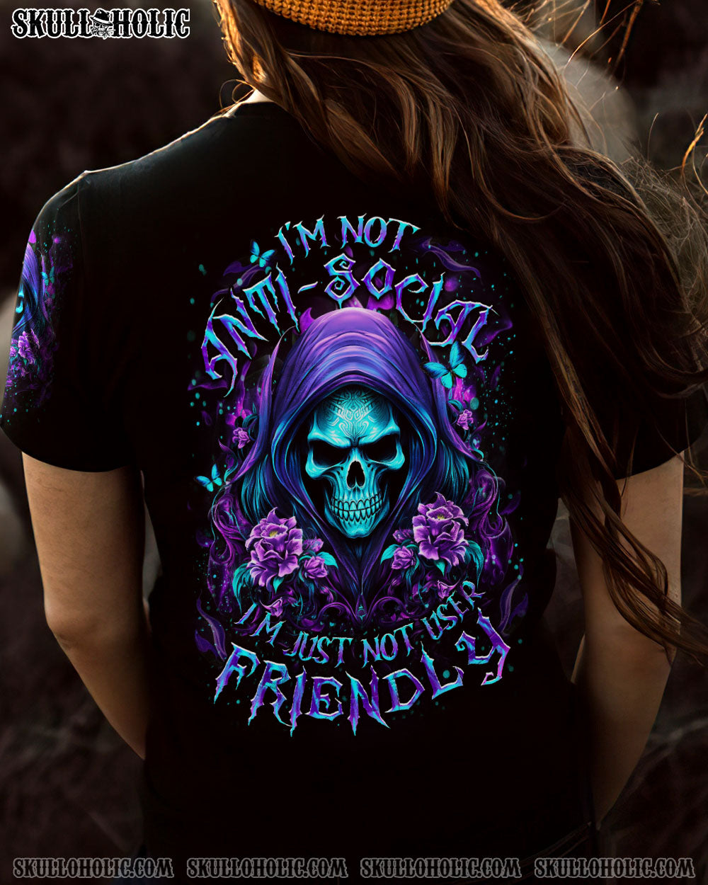 Not Anti Social Just Not User Friendly Skull Roses Gothic Graphic AOP Shirts _7_ T5LYV
