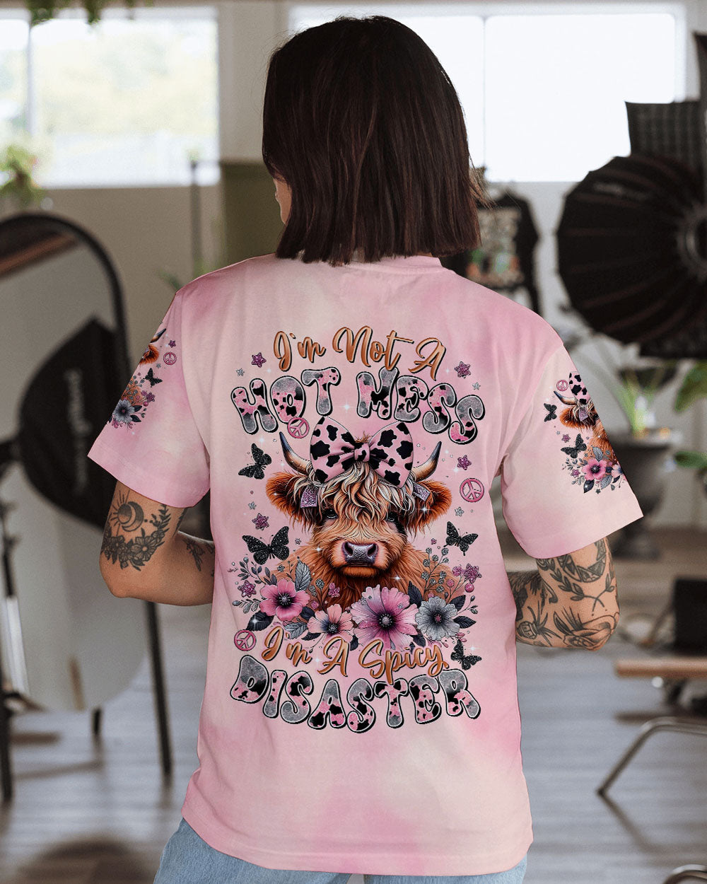 Not a Hot Mess Im A Spicy Disaster Cute Cow Design with Flowers _26 Butterflies AOP Shirts _12_ WjBqr