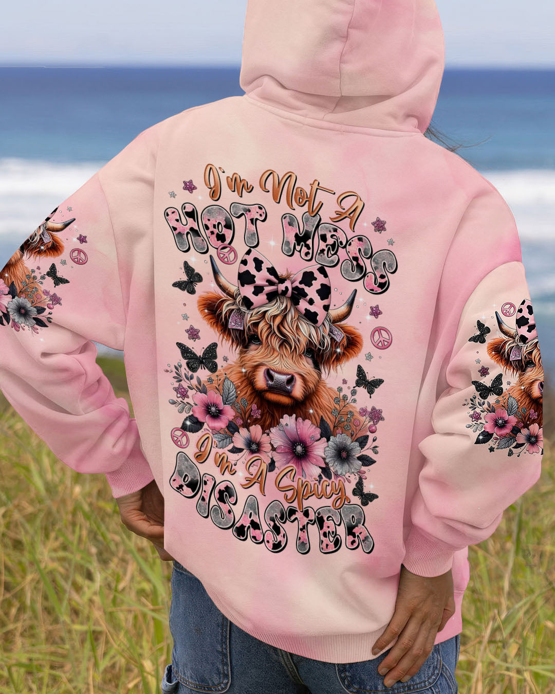 Not a Hot Mess Im A Spicy Disaster Cute Cow Design with Flowers _26 Butterflies AOP Shirts _14_ hRaAV