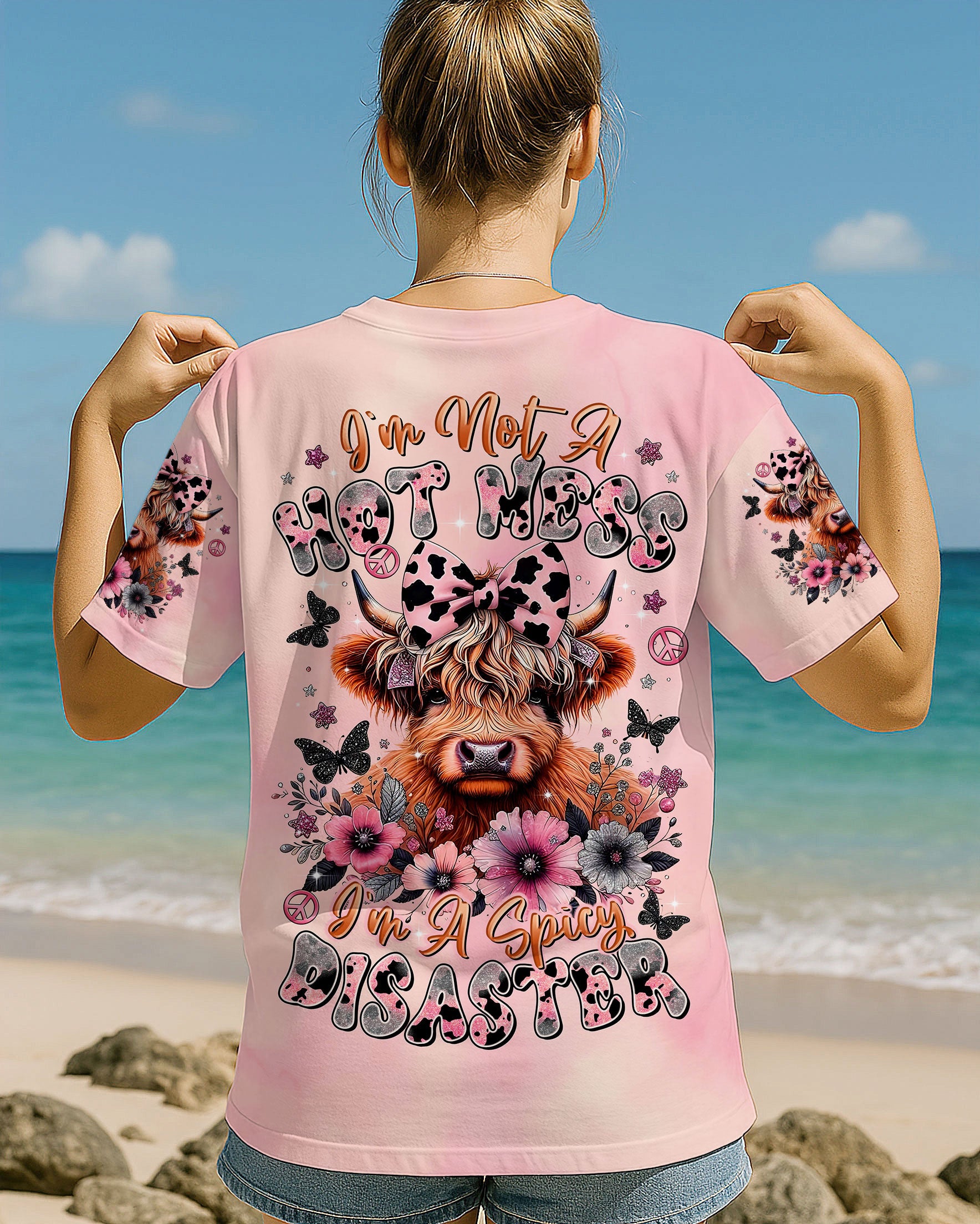 Not a Hot Mess Im A Spicy Disaster Cute Cow Design with Flowers _26 Butterflies AOP Shirts _1_ UfTdl