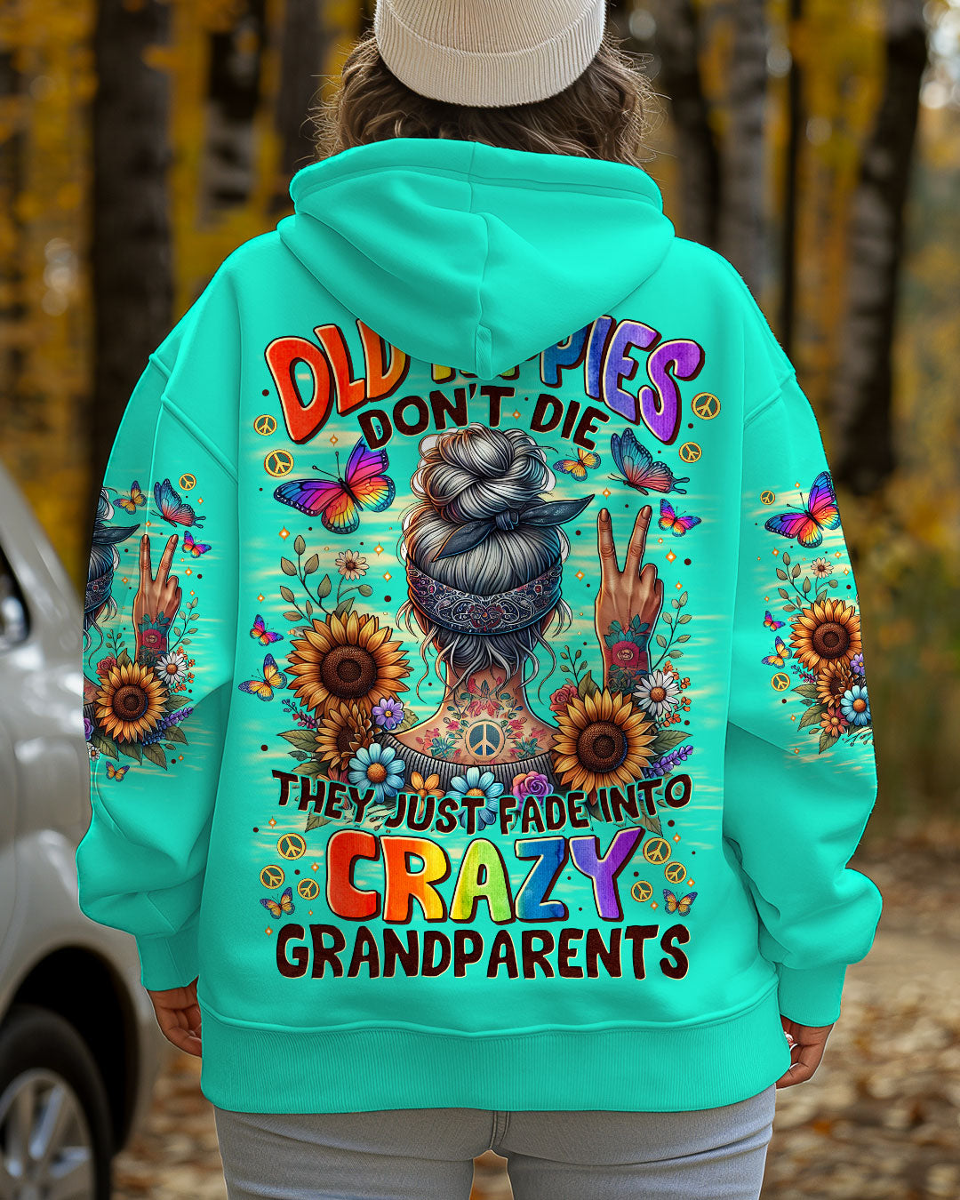 Old Hippies Crazy Grandparents Funny Peace sign with Flower AOP Shirts _7_ SdDFi