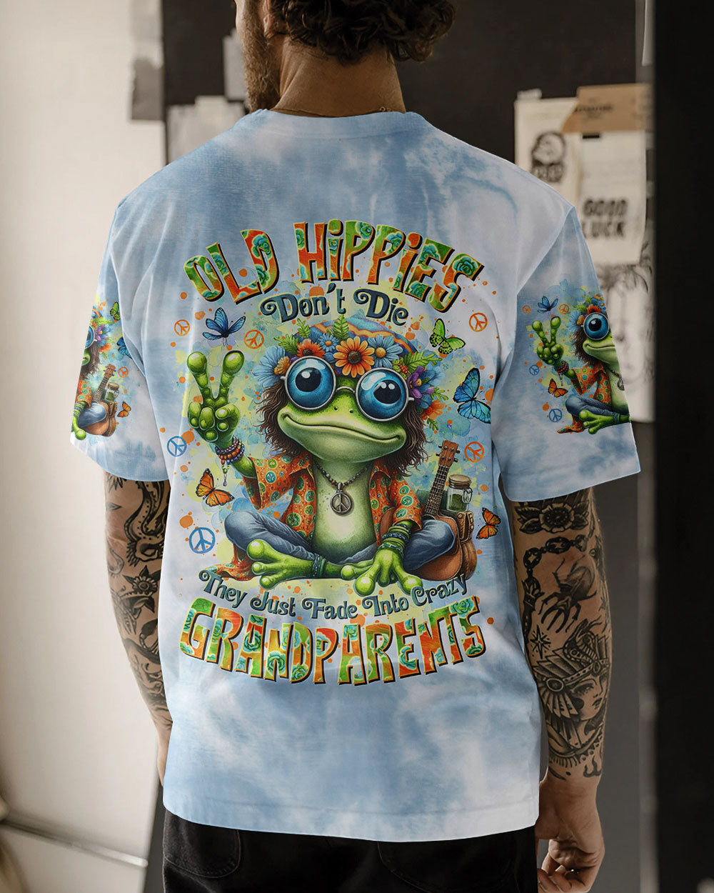 Old Hippies Dont Die Crazy Grandparents Funny Frog Tie Dye Hippie AOP Shirts _1_ tMcbC