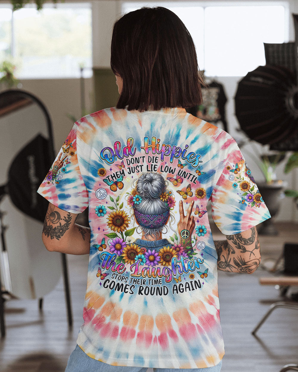 Old Hippies Dont Die The Laughter Tie Dye Retro Peace and Flowers AOP Shirts _1_ sGb36