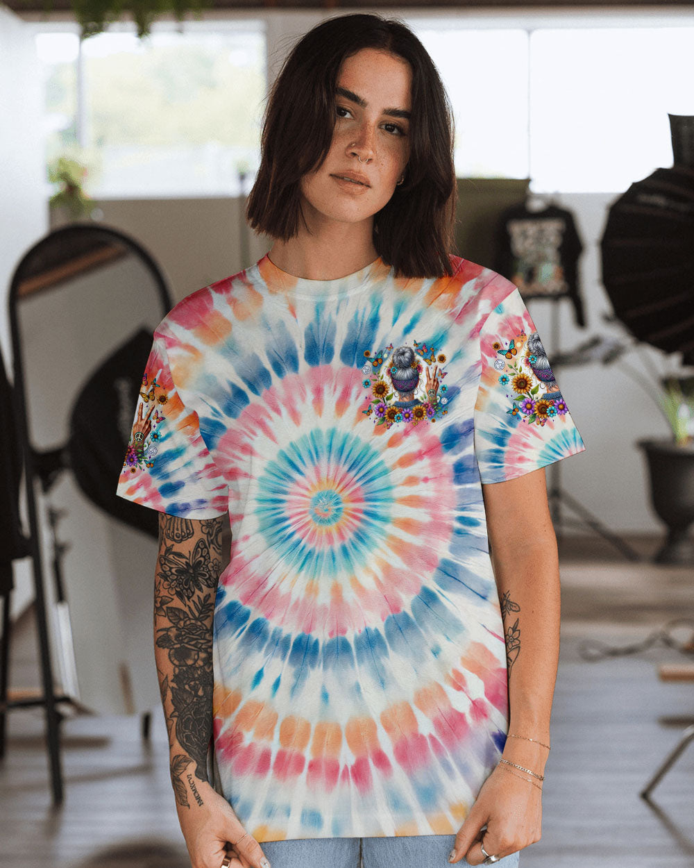 Old Hippies Dont Die The Laughter Tie Dye Retro Peace and Flowers AOP Shirts _2_ JgGFG