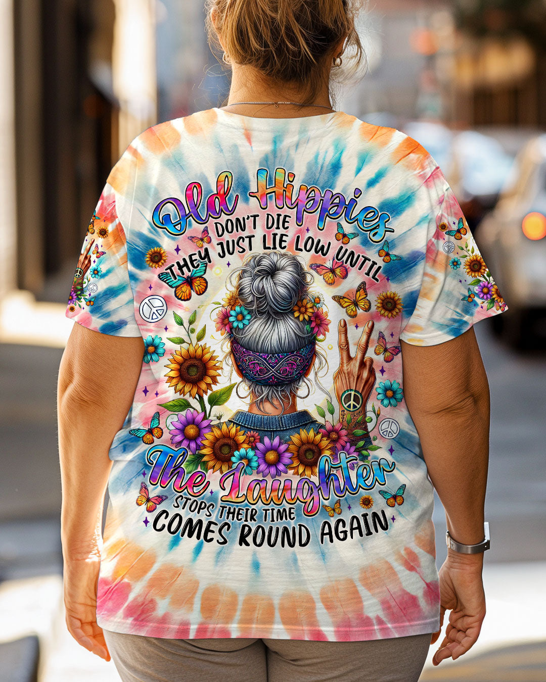 Old Hippies Dont Die The Laughter Tie Dye Retro Peace and Flowers AOP Shirts _3_ ARXW9