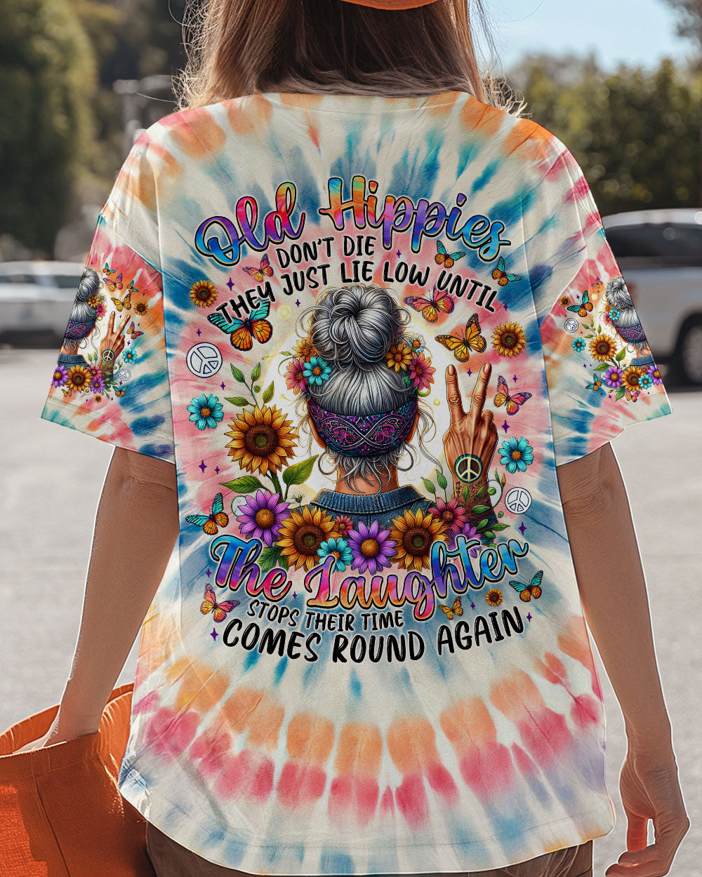 Old Hippies Dont Die The Laughter Tie Dye Retro Peace and Flowers AOP Shirts _5_ sv6kP