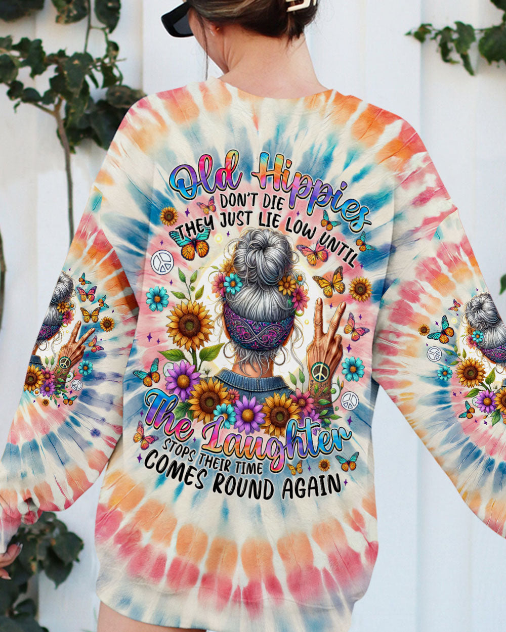 Old Hippies Dont Die The Laughter Tie Dye Retro Peace and Flowers AOP Shirts _9_ oXEvO