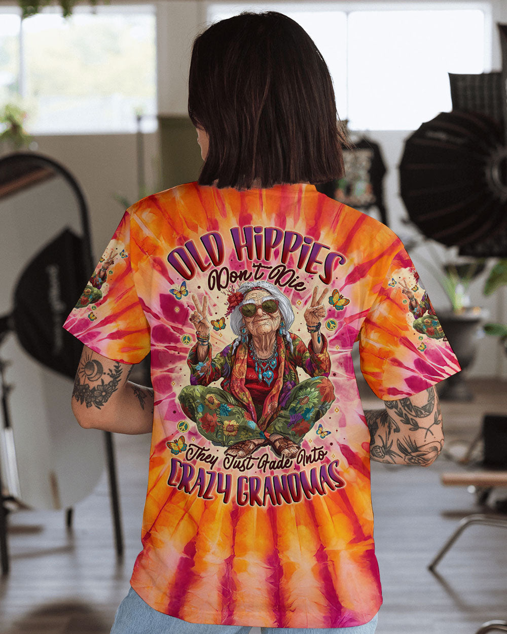 Old Hippies Into Crazy Grandmas Tie Dye Funny Hippie Grandma AOP Shirts _1_ TCRTf
