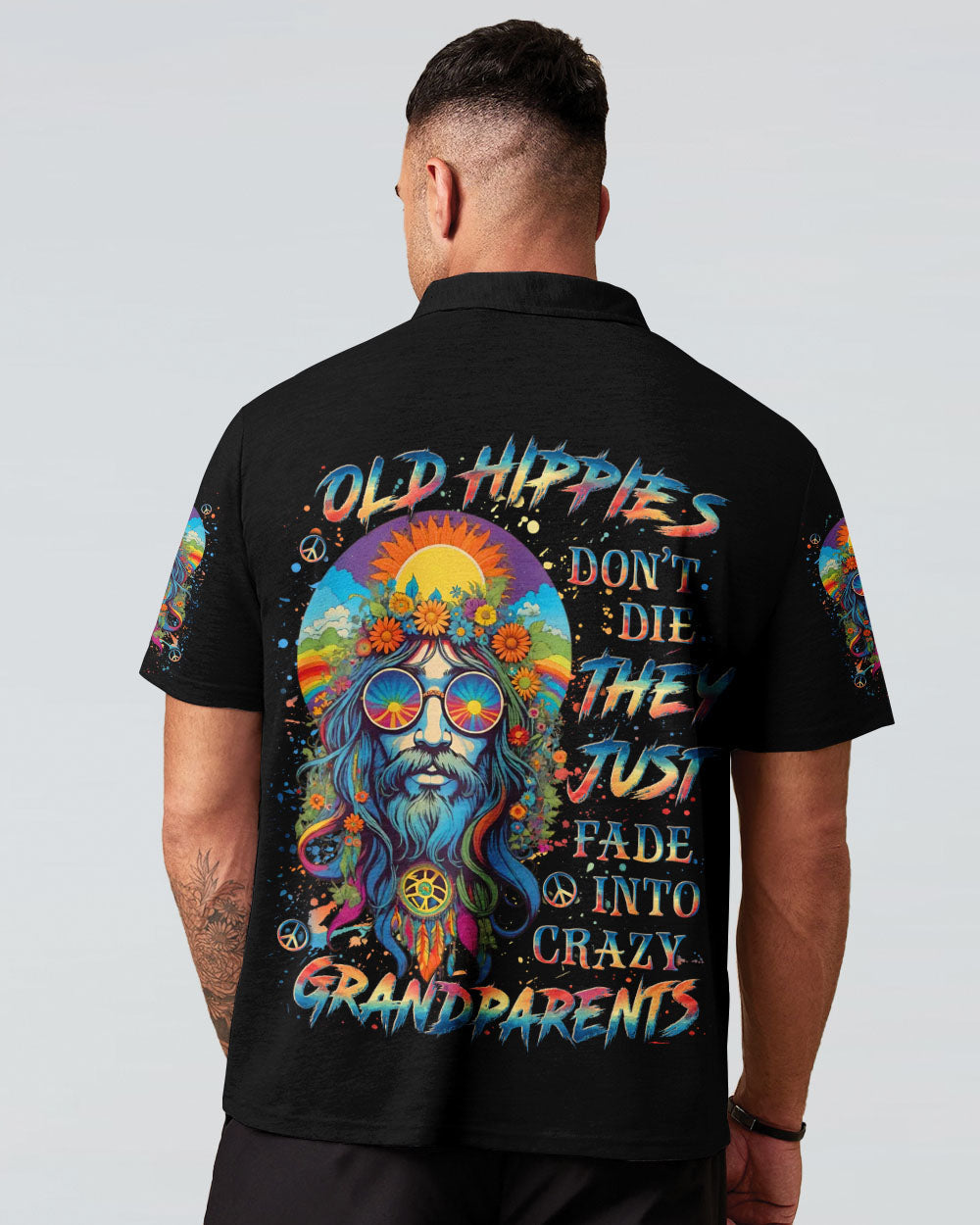Old Hippies Into Crazy Grandparents Funny Hippie Grandpa Peace Sign Graphic AOP Shirts _1_ vt0JA