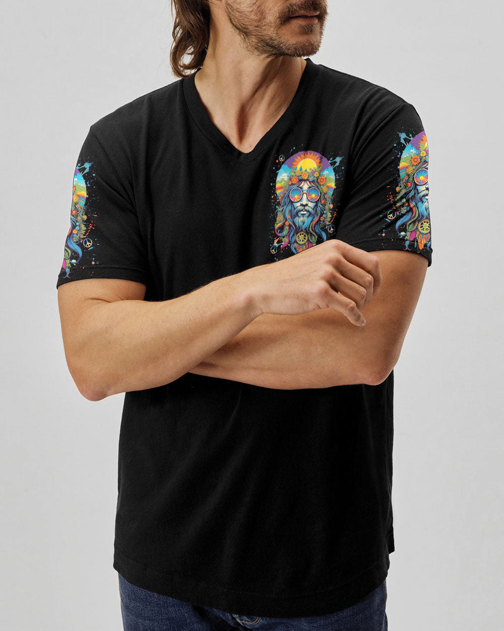 Old Hippies Into Crazy Grandparents Funny Hippie Grandpa Peace Sign Graphic AOP Shirts _4_ 9iqAP