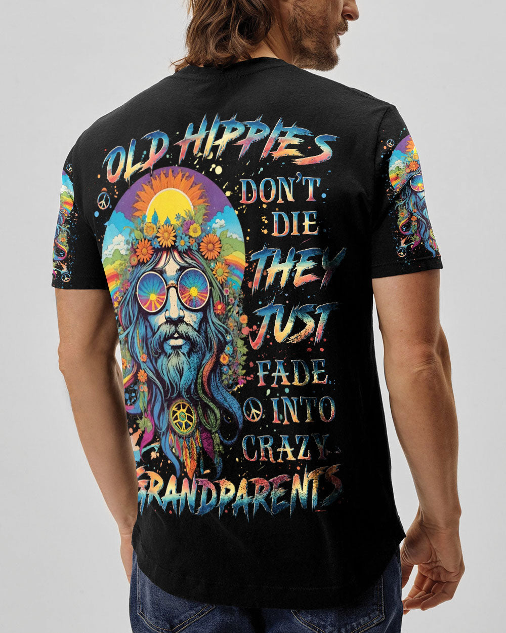 Old Hippies Into Crazy Grandparents Funny Hippie Grandpa Peace Sign Graphic AOP Shirts _5_ 21HpW