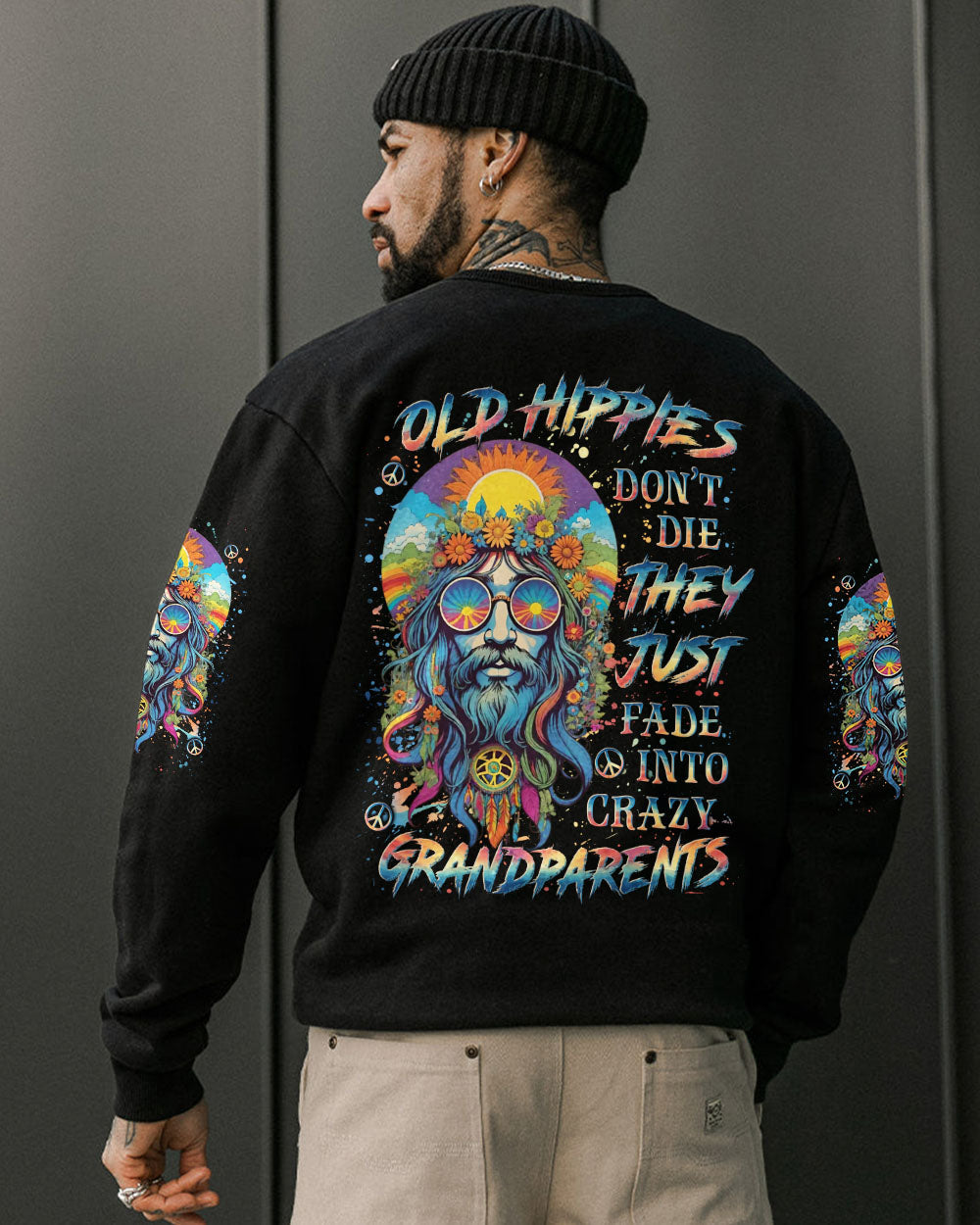 Old Hippies Into Crazy Grandparents Funny Hippie Grandpa Peace Sign Graphic AOP Shirts _9_ 5hha2