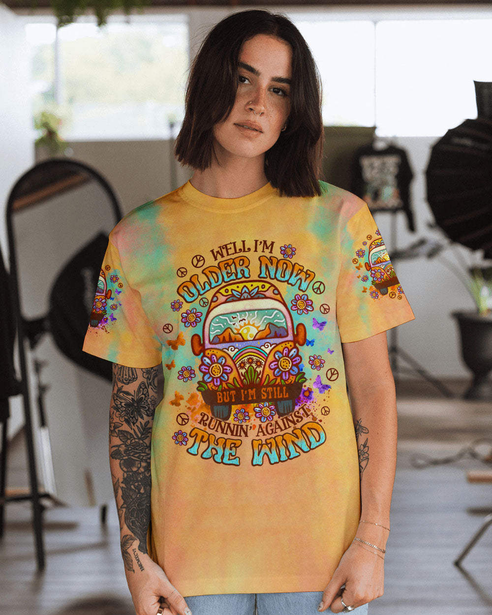 Older Now But I_E2_80_99m Still Runnin_E2_80_99 Against the Wind Yellow Tie Dye Hippie Van AOP Shirts _8_ uVZwx