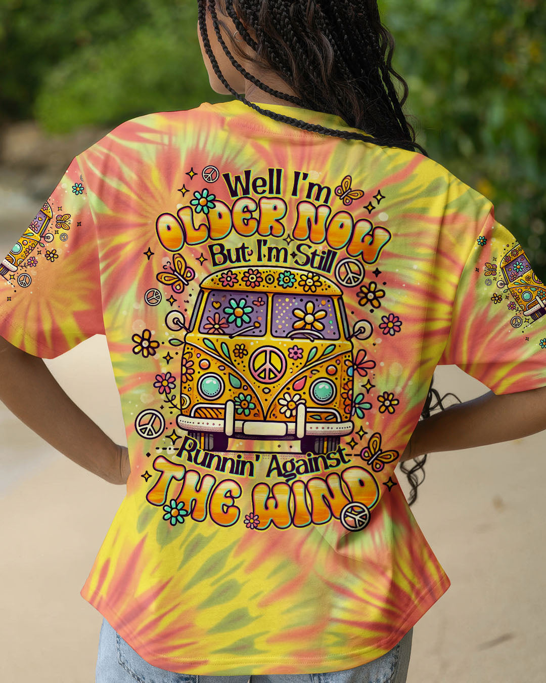 Older Now But I_E2_80_99m Still Runnin_E2_80_99 Against the Wind Yellow Tie Dye Hippie Van Design AOP Shirts _1_ 3ccDY