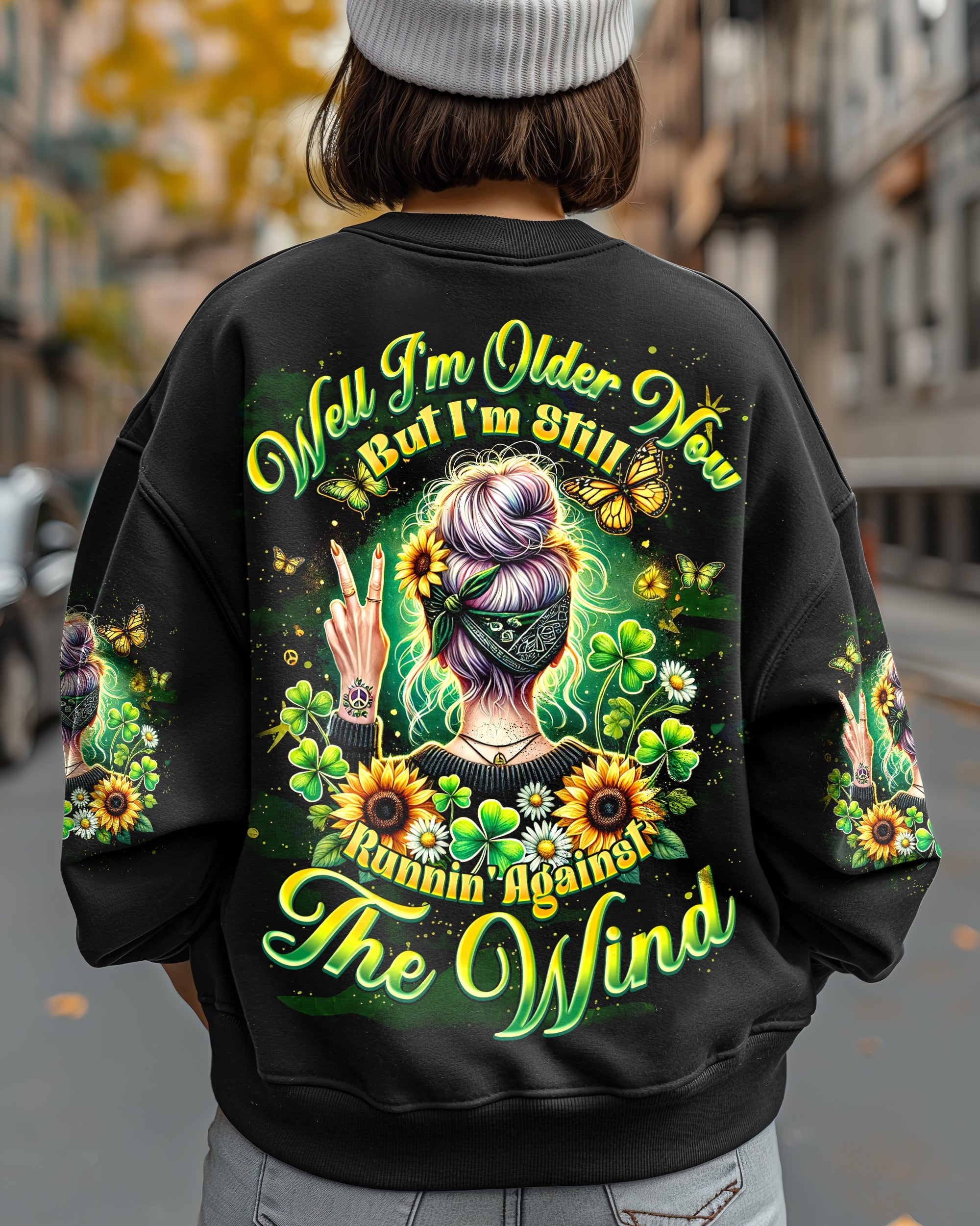 Older Now But Im Still Runnin Against The Wind Hippie Sunflower Girl AOP Shirts _7_ MrQ6S