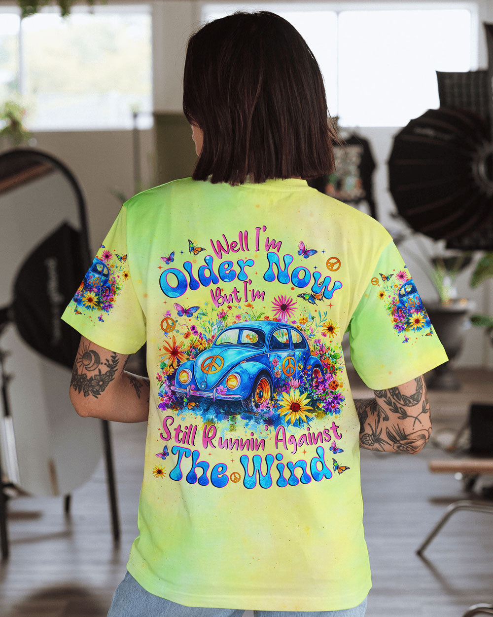 Older Now But Im Still Running Against The Wind Blue Hippie Car Floral AOP Shirts _11_ bQ26A