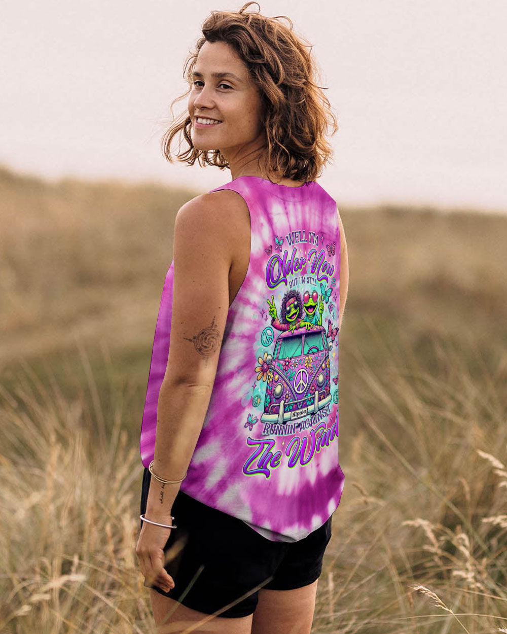 Older Now But Im Still Running Against The Wind Tie Dye Funny Hippie Frog Van AOP Shirts _7_ s76hu