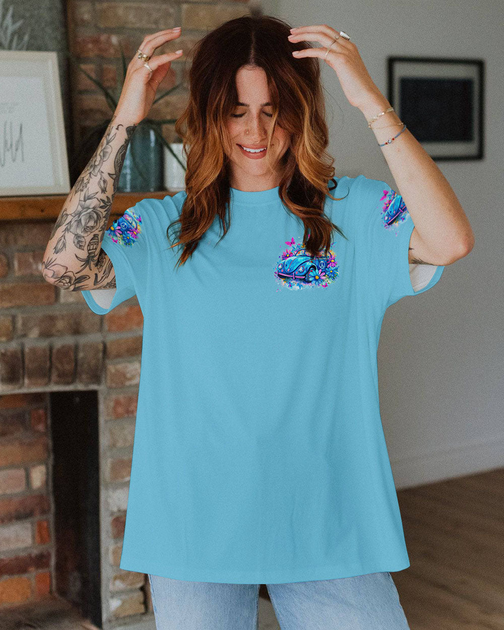 Older Now But Im Still Running Against the Wind Blue VW Beetle Floral Hippie AOP Shirts _10_ 5IDcn