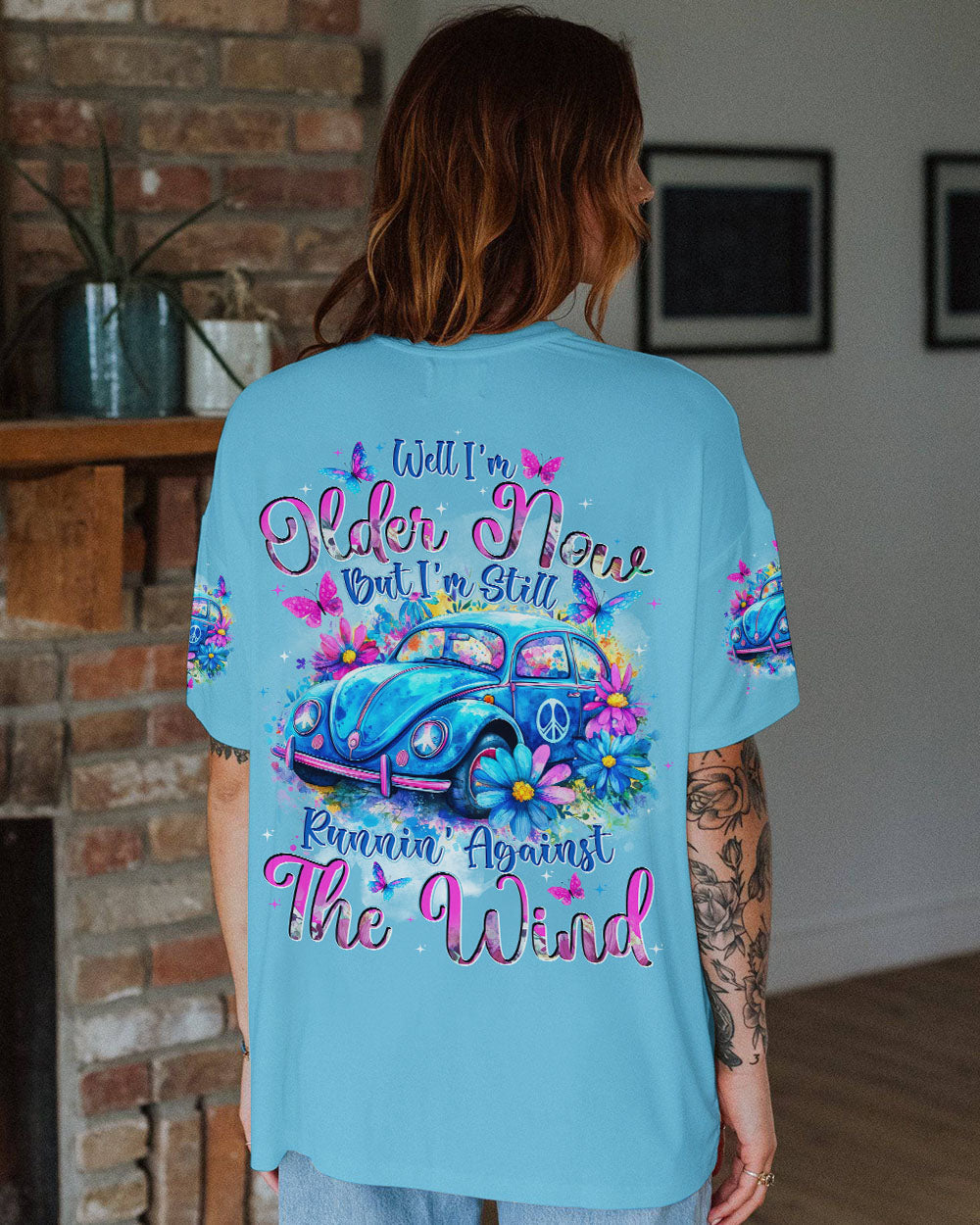 Older Now But Im Still Running Against the Wind Blue VW Beetle Floral Hippie AOP Shirts _11_ ROO1J