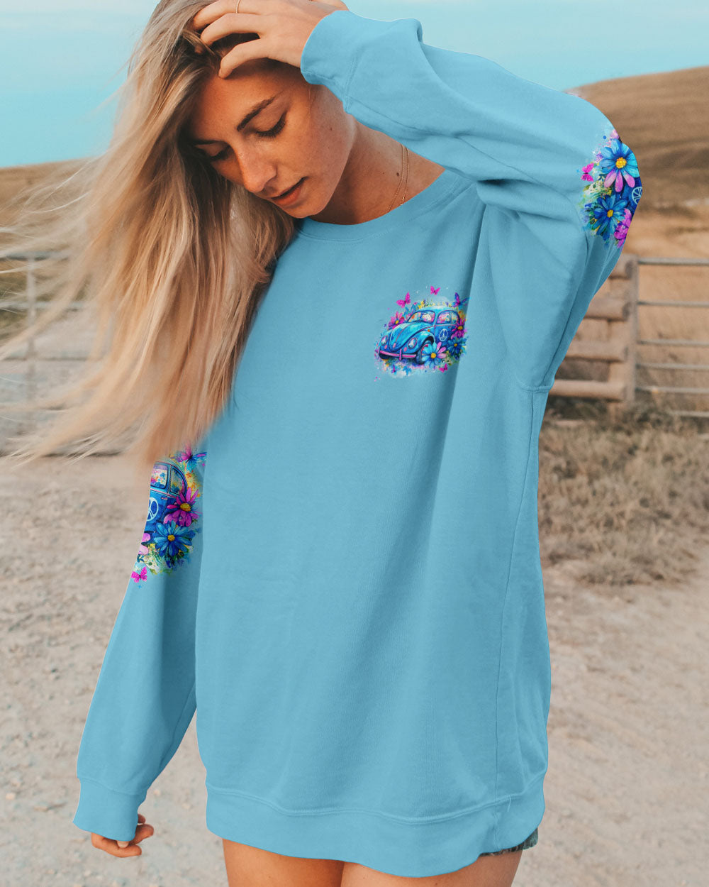 Older Now But Im Still Running Against the Wind Blue VW Beetle Floral Hippie AOP Shirts _2_ S9hru