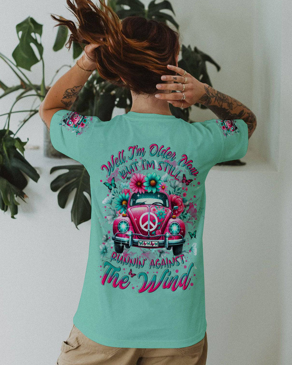 Older Now But Im Still Running Against the Wind Pink VW Bug Flowers Hippie AOP Shirts _11_ zdCnV
