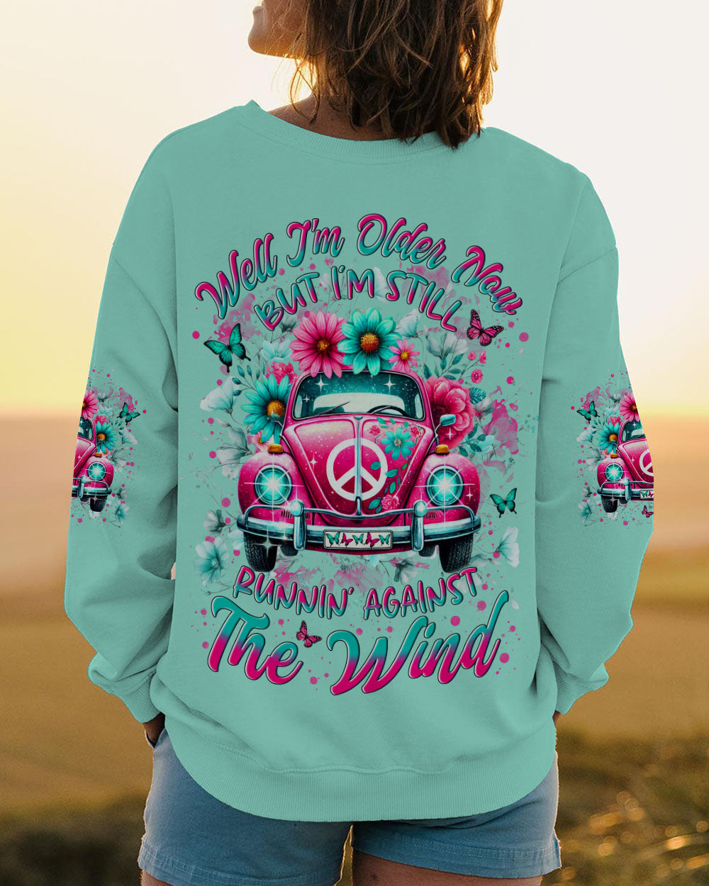 Older Now But Im Still Running Against the Wind Pink VW Bug Flowers Hippie AOP Shirts _4_ Fe0pl