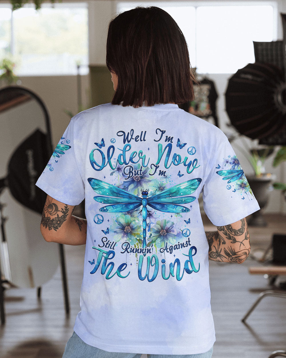 Older Now But Still Runnin Against the Wind Blue Dragonfly Floral AOP Shirts _8_ mIsqD