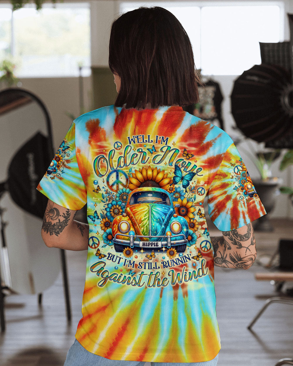 Older Now But Still Runnin Against the Wind Tie Dye Hippie Peace Car AOP Shirts _1_ 0zipX