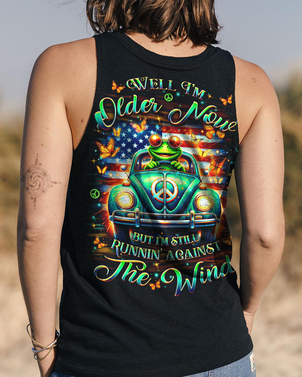 Older Now But Still Running Against The Wind Funny Frog VW Bug with Flag AOP Shirts _11_ G9Fv8