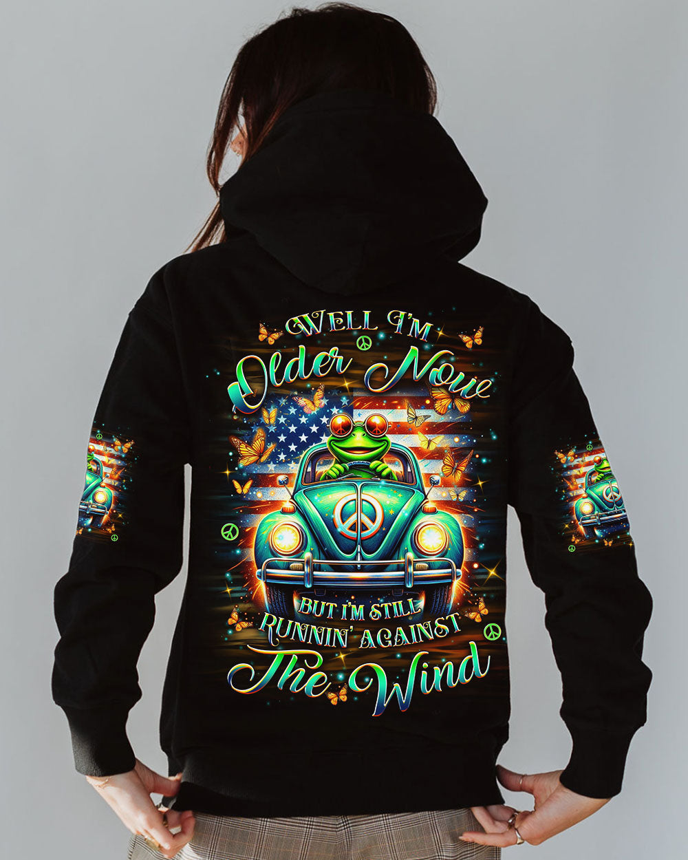 Older Now But Still Running Against The Wind Funny Frog VW Bug with Flag AOP Shirts _12_ e9gC7