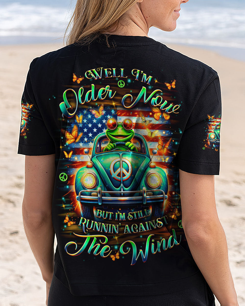 Older Now But Still Running Against The Wind Funny Frog VW Bug with Flag AOP Shirts _3_ wvcOf