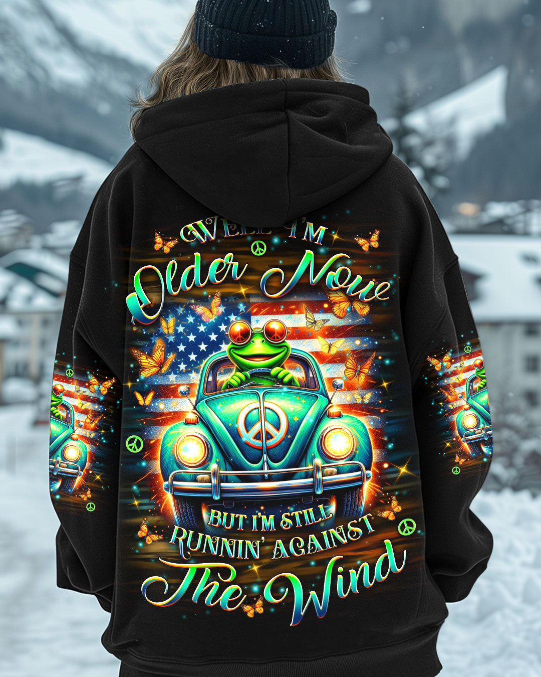 Older Now But Still Running Against The Wind Funny Frog VW Bug with Flag AOP Shirts _5_ WMk8h