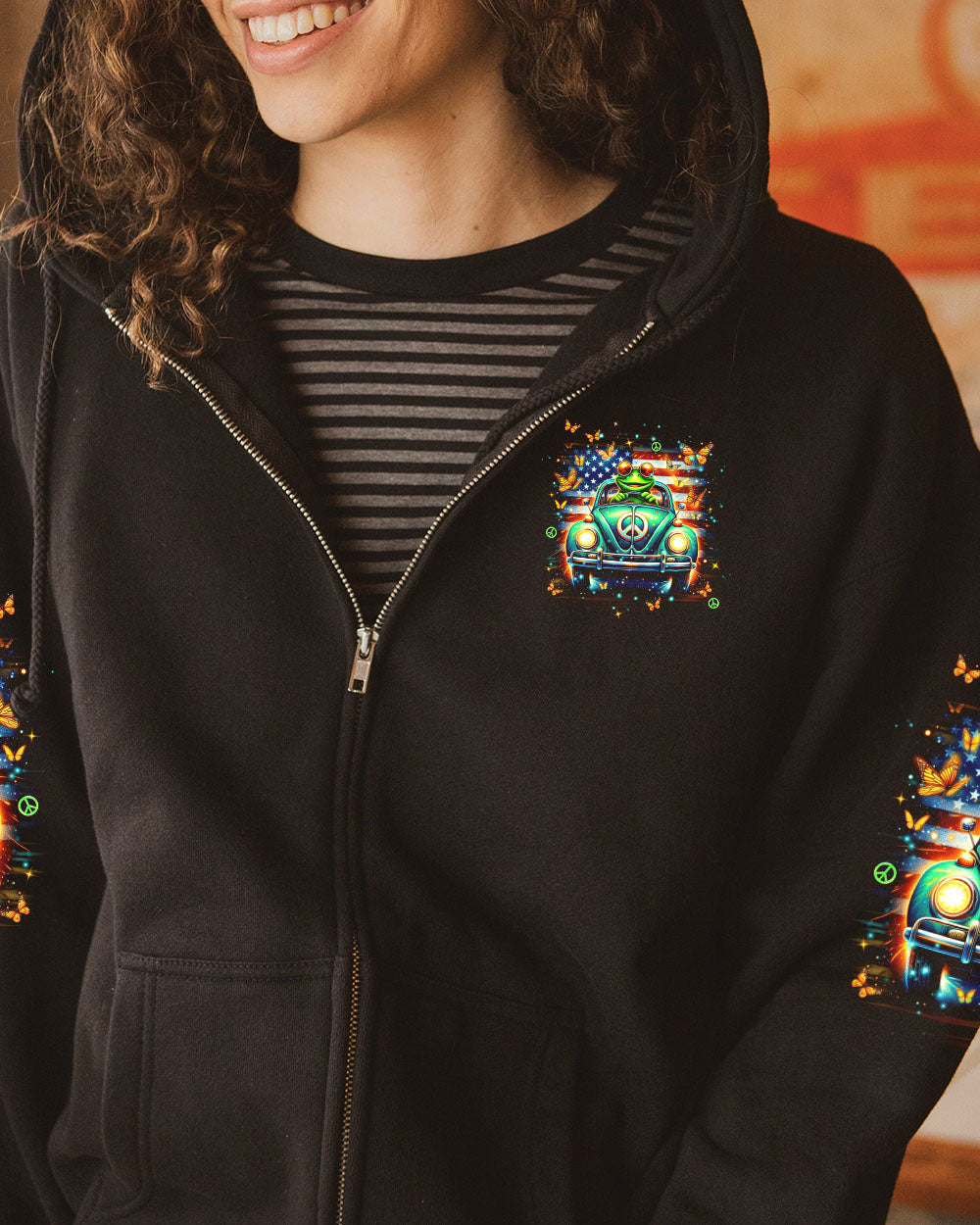 Older Now But Still Running Against The Wind Funny Frog VW Bug with Flag AOP Shirts _8_ ahMC6