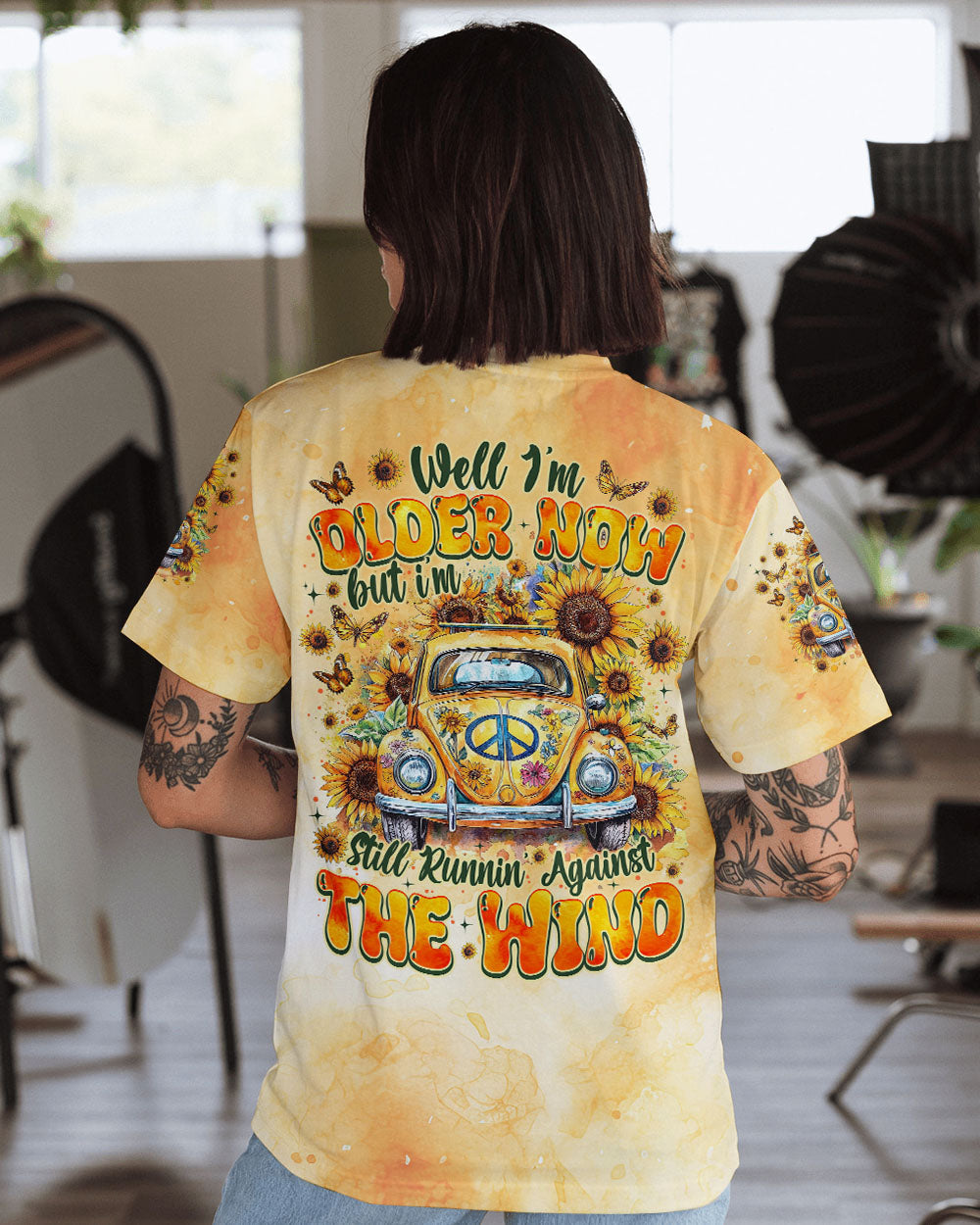 Older Now But Still Running Against The Wind Sunflower Tie Dye Vintage VW Bug AOP Shirts _1_ Iv4Sh